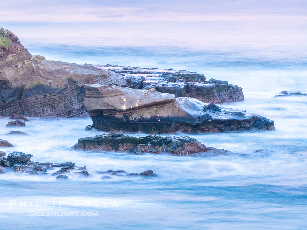 La Jolla Cove and Point La Jolla at Dawn, waves blur into abstract white, pre-sunrise soft light