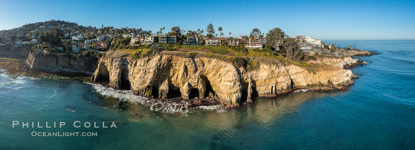 La Jolla Sea Caves and Coast Walk, early morning, aerial photo. California, USA, natural history stock photograph, photo id 38046