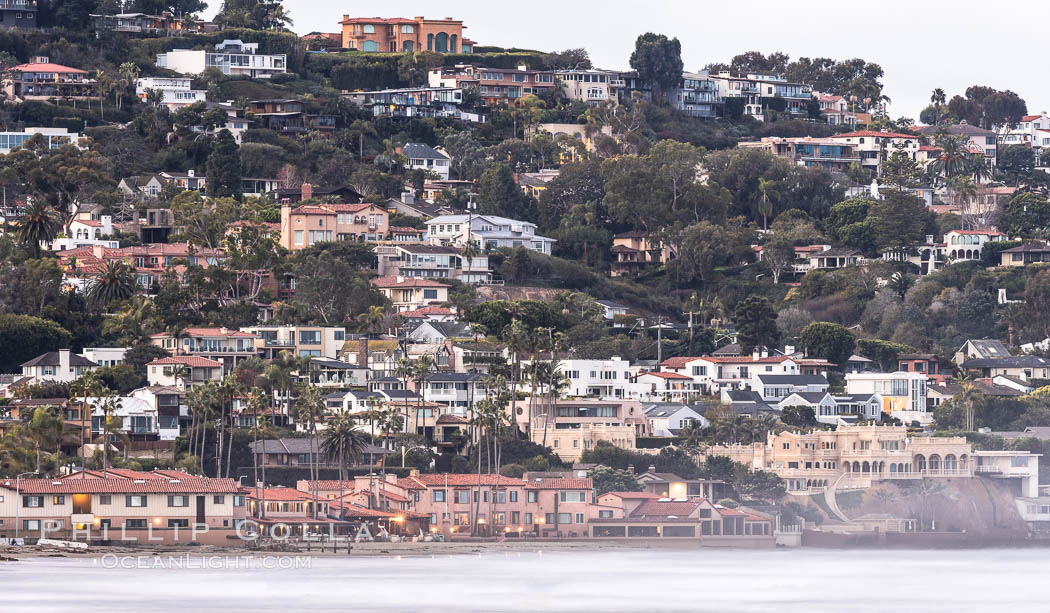 La Jolla Shores, Beach and Tennis Club, Mount Soledad homes, pre-dawn with blurry waves., natural history stock photograph, photo id 37556