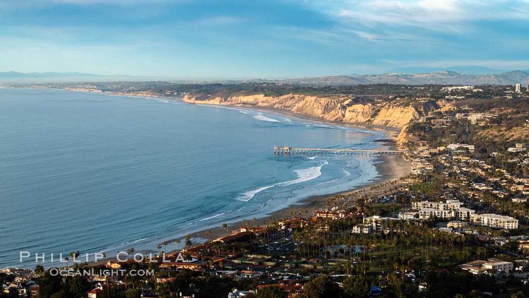 La Jolla Shores Coastline and Scripps Pier, Blacks Beach and Torrey Pines, aerial photo, sunset., natural history stock photograph, photo id 36670