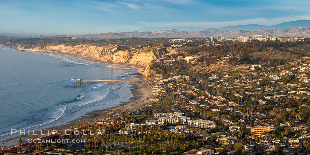 La Jolla Shores Coastline, Blacks Beach and Scripps Pier, aerial photo, sunset, panoramic photo. California, USA, natural history stock photograph, photo id 36672