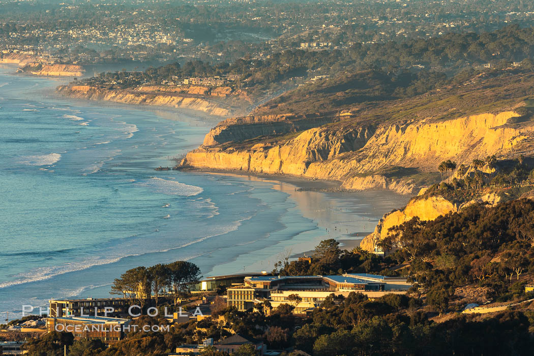 La Jolla Shores Coastline and Scripps Pier, aerial photo, sunset