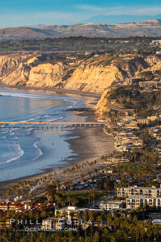 La Jolla Shores Coastline and Scripps Pier, Blacks Beach and Torrey Pines, aerial photo, sunset. California, USA, natural history stock photograph, photo id 36671