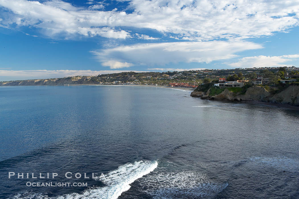 La Jolla Shores and the La Jolla Ecological Reserve and Underwater Park, looking north from the La Jolla sea caves.  Scripps Institution of Oceanography and its pier can be seen in the distance., natural history stock photograph, photo id 14751