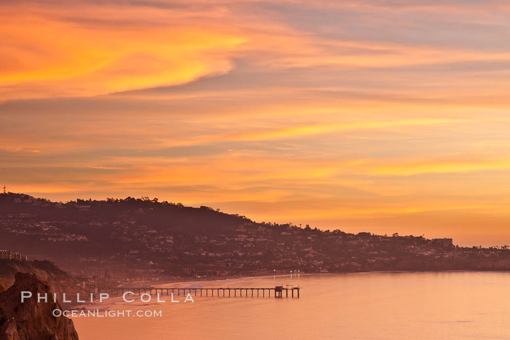 Sunset falls upon Torrey Pines State Reserve, viewed from the Torrey Pines glider port.  La Jolla, Scripps Institution of Oceanography and Scripps Pier are seen in the distance. California, USA, natural history stock photograph, photo id 26437