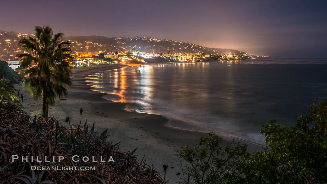 Laguna Beach coastline at night, lit by a full moon. California, USA, natural history stock photograph, photo id 28862