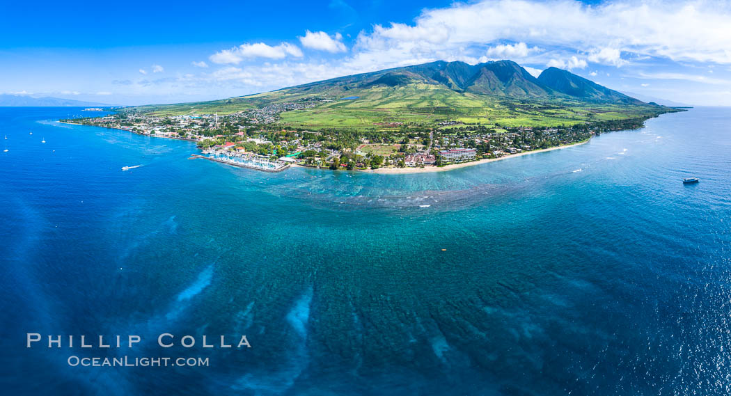Old Lahaina Town aerial photo showing harbor and coral reef, Molokai at far left, Haleakala and Launiupoko gap at far right. West Maui mountains.  Maui, Hawaii. Olowalu, USA, natural history stock photograph, photo id 38090