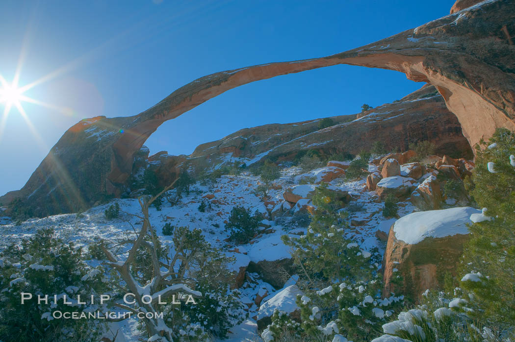 Landscape Arch in winter. Landscape Arch has an amazing 306-foot span. Arches National Park, Utah, USA, natural history stock photograph, photo id 18117