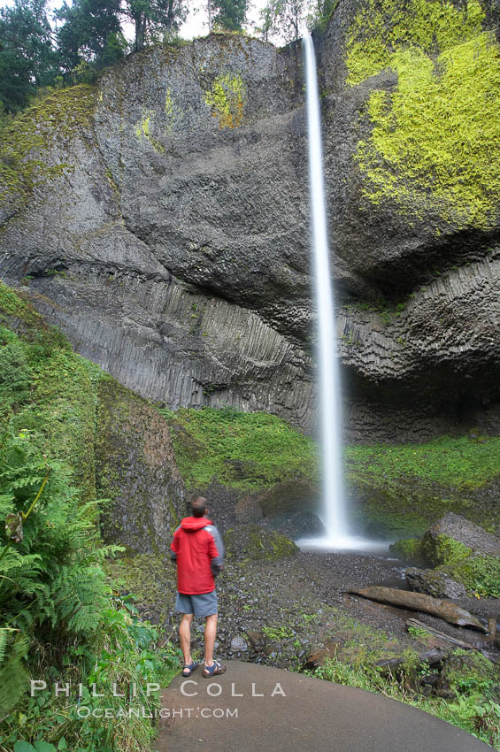 A hiker admires Latourelle Falls, in Guy W. Talbot State Park, drops 249 feet through a lush forest near the Columbia River. Columbia River Gorge National Scenic Area, Oregon, USA, natural history stock photograph, photo id 19346