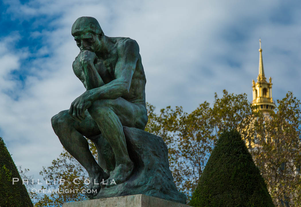 The Thinker (Le Penseur) is a bronze sculpture on marble pedestal by Auguste Rodin. now in the Musee Rodin in Paris. It depicts a man in sober meditation battling with a powerful internal struggle. It is often used to represent philosophy. France, natural history stock photograph, photo id 28173