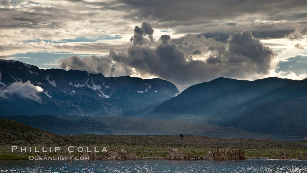 Lee Vining Canyon and the Sierra Nevada mountain range, with storm clouds and sun beams, viewed from Mono Lake. California, USA, natural history stock photograph, photo id 27002
