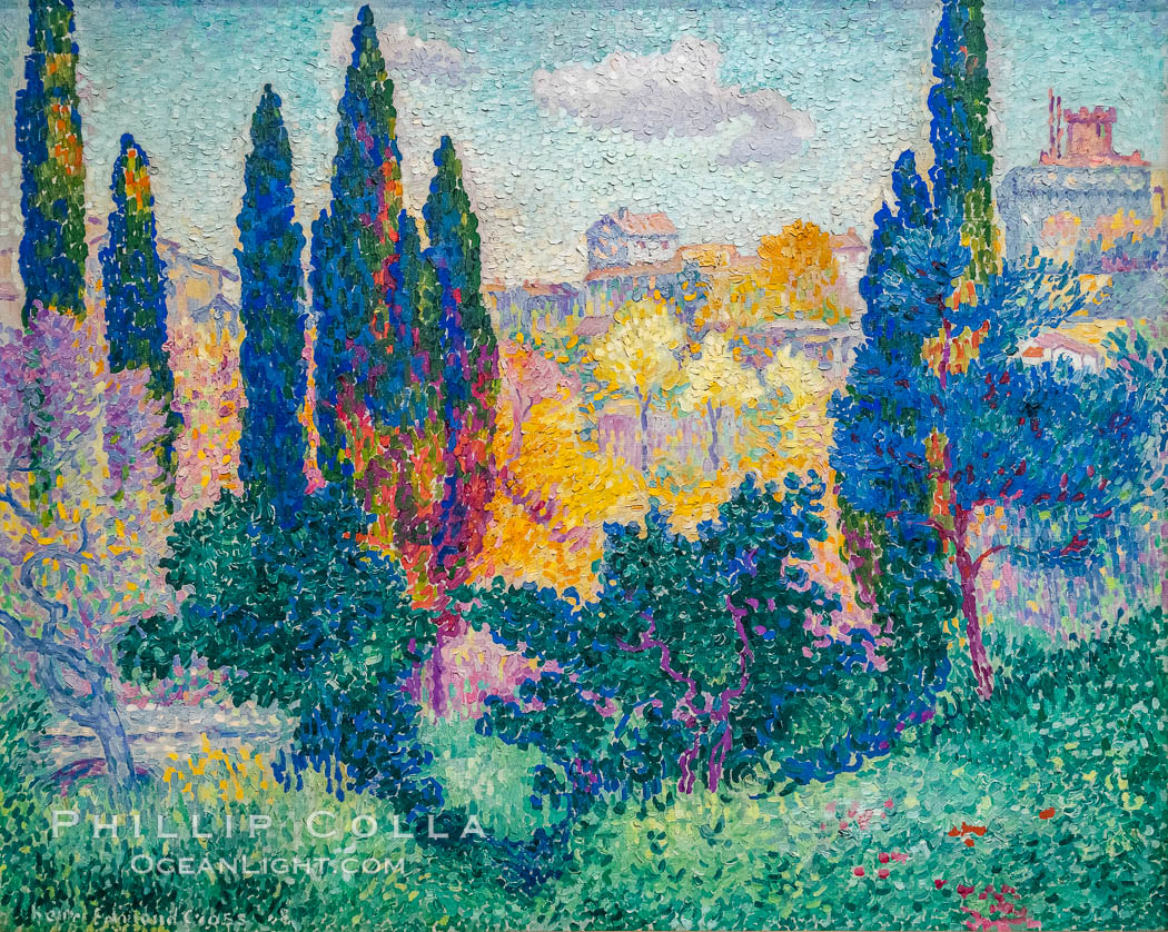 Les cypres a Cagnes by Henri Edmond Cross, Musee d'Orsay, Paris. Musee dOrsay, France, natural history stock photograph, photo id 35618