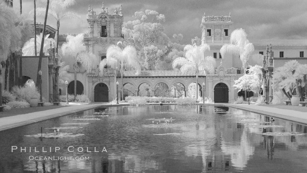 Lily Pond, Casa de Balboa and House of Hospitality, infrared. Balboa Park, San Diego, California, USA, natural history stock photograph, photo id 23101
