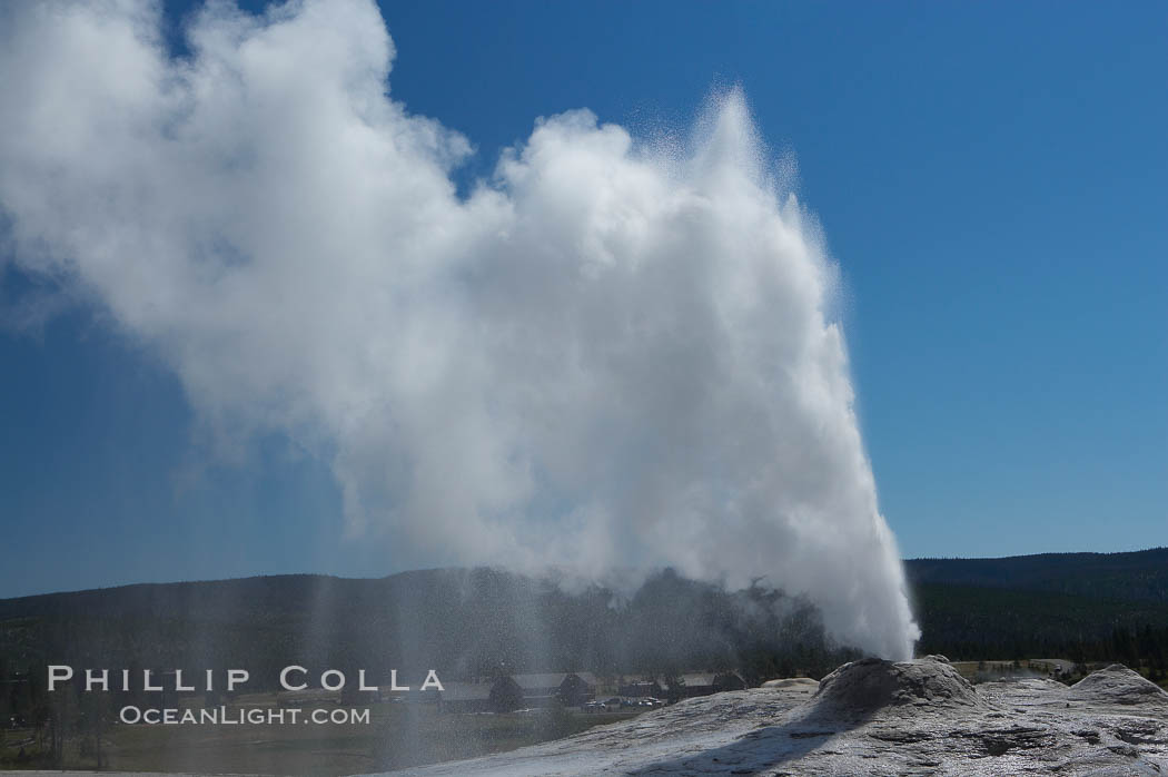 Lion Geyser, whose eruption is preceded by a release of steam that sounds like a lion roaring, erupts just once or a few times each day, reaching heights of up to 90 feet.  Upper Geyser Basin. Yellowstone National Park, Wyoming, USA, natural history stock photograph, photo id 13375
