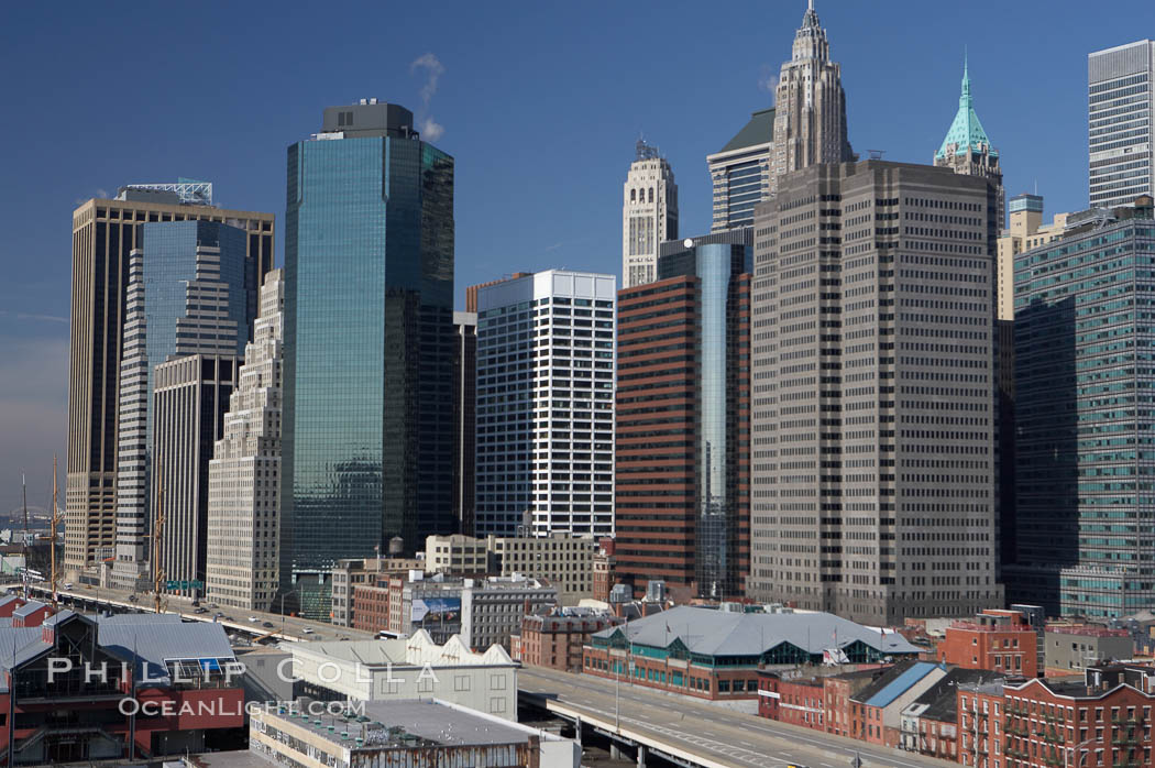 Lower Manhattan skyline viewed from the Brooklyn Bridge. New York City, USA, natural history stock photograph, photo id 11091