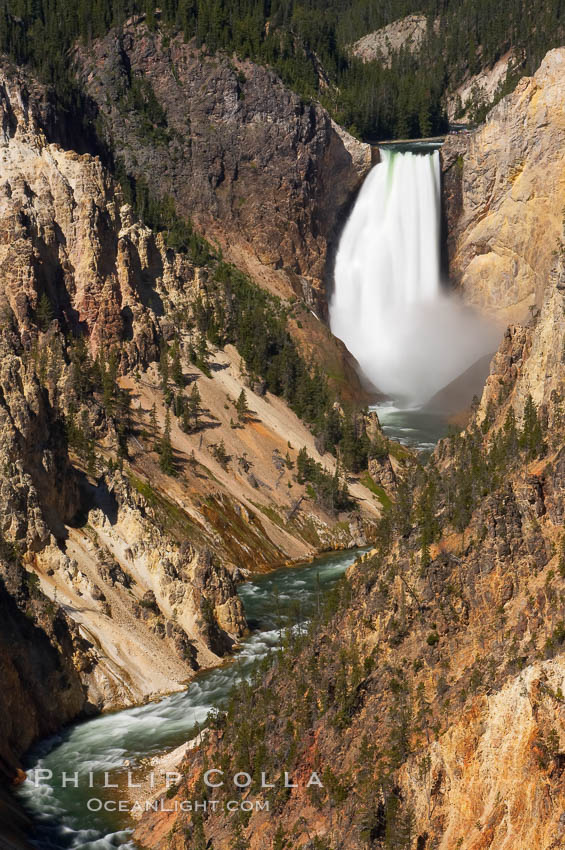 The Lower Falls of the Yellowstone River drops 308 feet at the head of the Grand Canyon of the Yellowstone. A long exposure blurs the fast-flowing water.  The canyon is approximately 10,000 years old, 20 miles long, 1000 ft deep, and 2500 ft wide. Its yellow, orange and red-colored walls are due to oxidation of the various iron compounds in the soil, and to a lesser degree, sulfur content. Yellowstone National Park, Wyoming, USA, natural history stock photograph, photo id 13339
