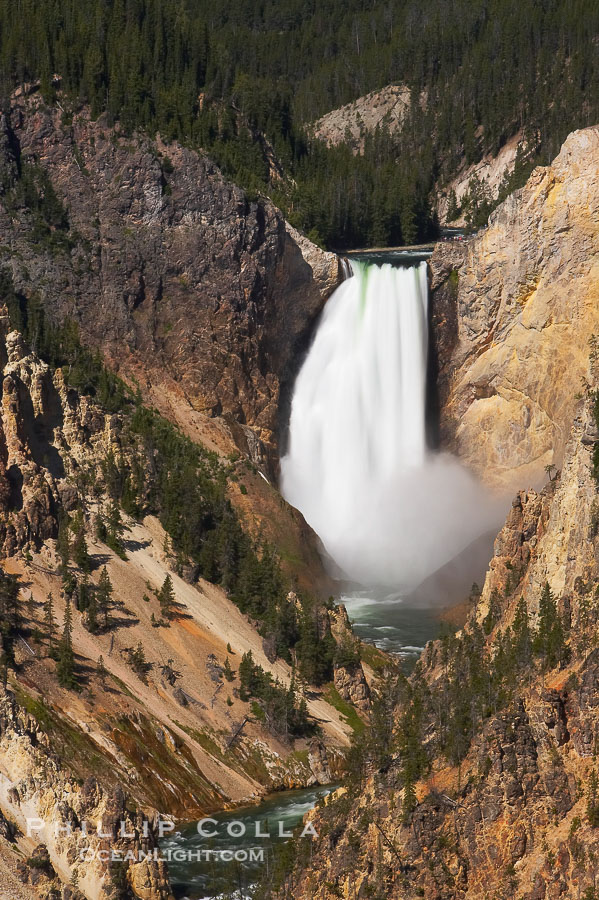 The Lower Falls of the Yellowstone River drops 308 feet at the head of the Grand Canyon of the Yellowstone. A long exposure blurs the fast-flowing water.  The canyon is approximately 10,000 years old, 20 miles long, 1000 ft deep, and 2500 ft wide. Its yellow, orange and red-colored walls are due to oxidation of the various iron compounds in the soil, and to a lesser degree, sulfur content., natural history stock photograph, photo id 13343