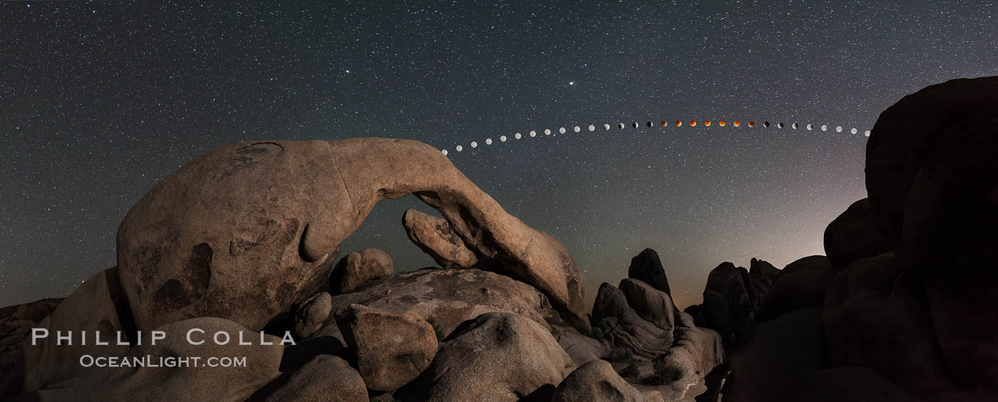 Lunar Eclipse and blood red moon sequence over Arch Rock, planet Mars above the moon, composite image, Joshua Tree National Park, April 14/15 2014., natural history stock photograph, photo id 29201