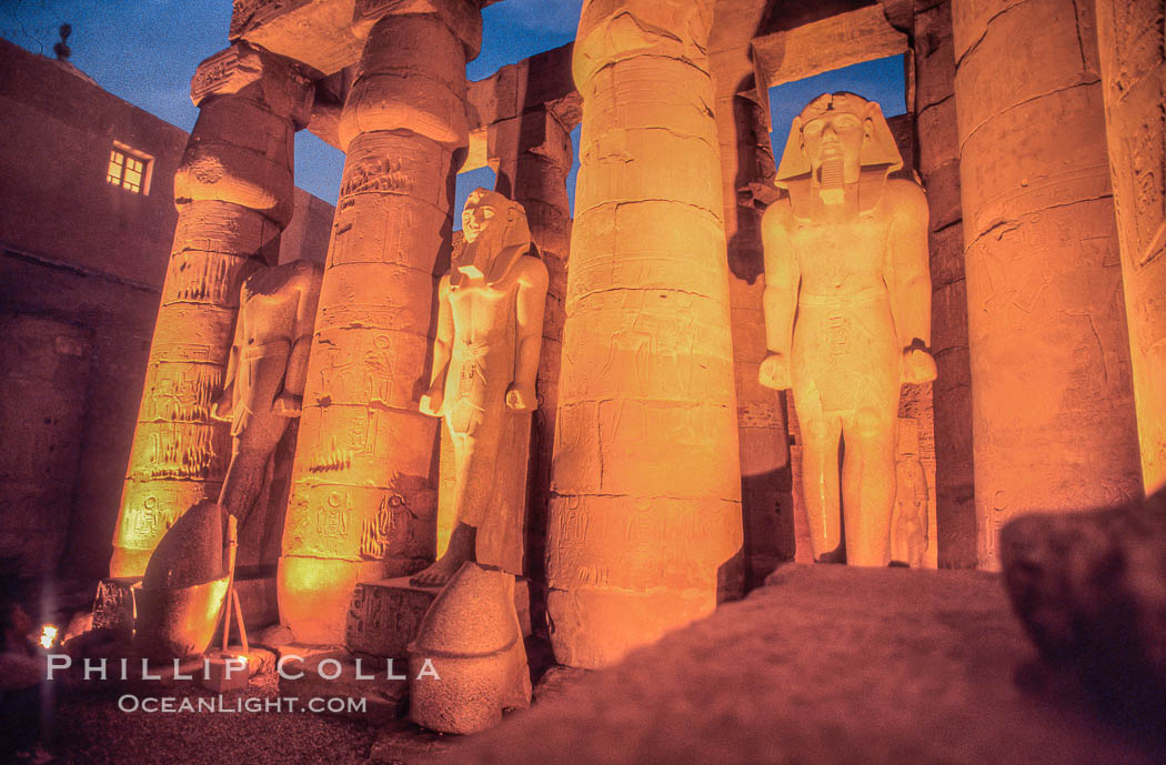 Luxor Temple, statues and columns at night. Egypt, natural history stock photograph, photo id 18484