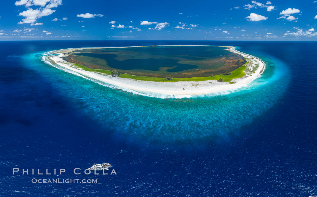 Aerial photo of M/V Nautilus Undersea at Clipperton Island.  Clipperton Island, a minor territory of France also known as Ile de la Passion, is a small (2.3 sq mi) but  spectacular coral atoll in the eastern Pacific. By permit HC / 1485 / CAB (France)., natural history stock photograph, photo id 32887
