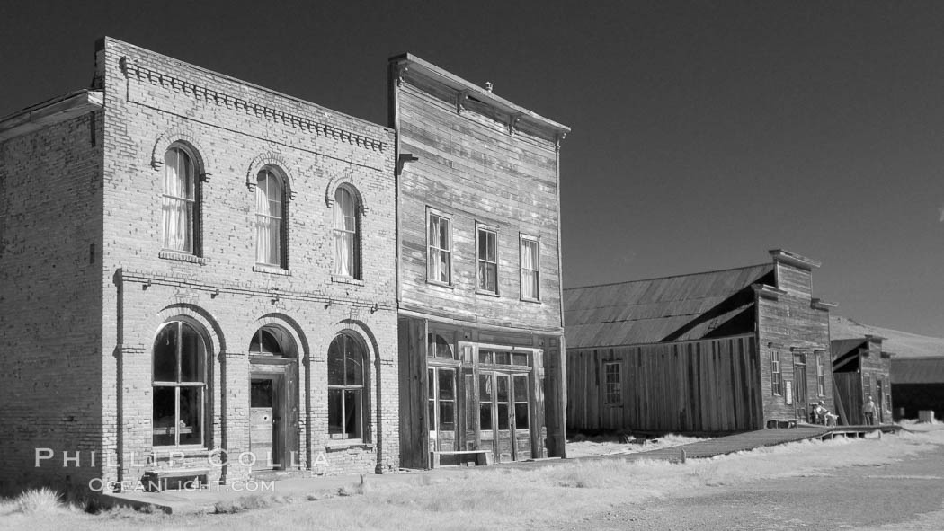 Main Street buildings, Dechambeau Hotel (left) and I.O.O.F. Hall (right), infrared. Bodie State Historical Park, California, USA, natural history stock photograph, photo id 23111