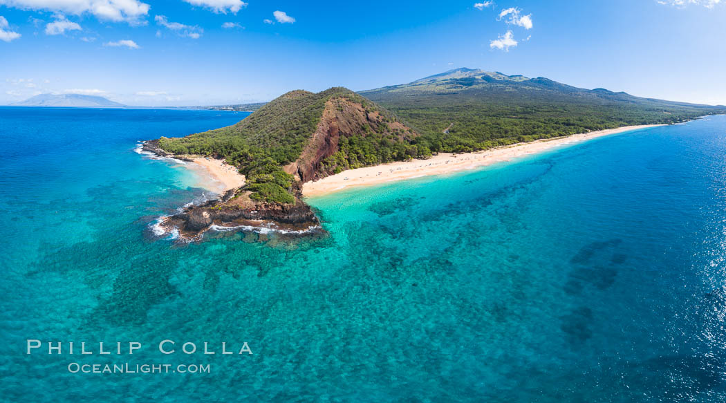 Makena Beach aka Big Beach, with Little Beach on the other side of the point, aerial photo, south Maui. Hawaii, USA, natural history stock photograph, photo id 38117