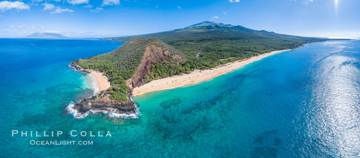 Makena Beach State Park aerial photo, Maui, Hawaii. Big Beach on the right, Little Beach on the left, Haleakala rising in the distance on the right, West Maui Mountains in the distance on the left. USA, natural history stock photograph, photo id 38214