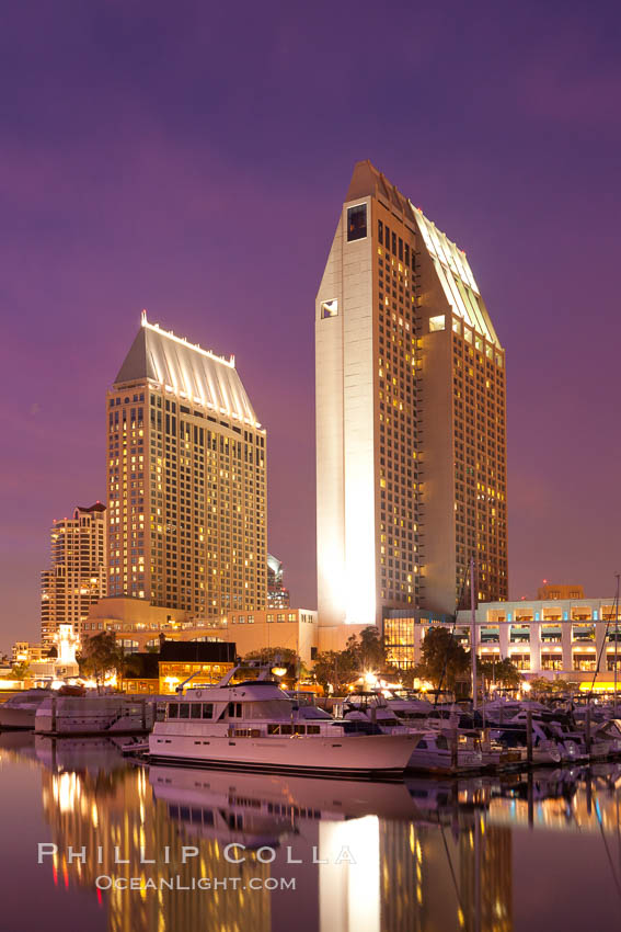 Manchester Grand Hyatt Hotel at sunset, viewed from the San Diego Embarcadero Marine Park. California, USA, natural history stock photograph, photo id 26561