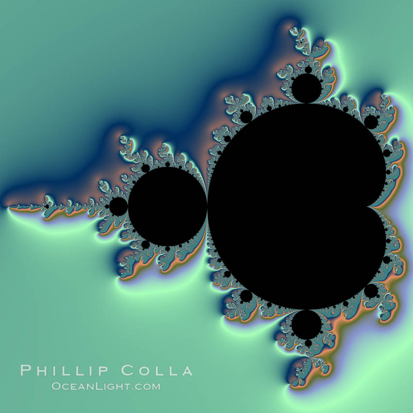 The Mandelbrot Fractal.  Fractals are complex geometric shapes that exhibit repeating patterns typified by <i>self-similarity</i>, or the tendency for the details of a shape to appear similar to the shape itself.  Often these shapes resemble patterns occurring naturally in the physical world, such as spiraling leaves, seemingly random coastlines, erosion and liquid waves.  Fractals are generated through surprisingly simple underlying mathematical expressions, producing subtle and surprising patterns.  The basic iterative expression for the Mandelbrot set is z = z-squared + c, operating in the complex (real, imaginary) number set., Mandelbrot set, natural history stock photograph, photo id 10374