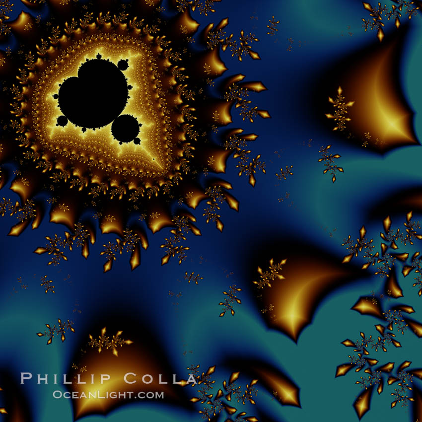 Detail within the Mandelbrot set fractal.  This detail is found by zooming in on the overall Mandelbrot set image, finding edges and buds with interesting features.  Fractals are complex geometric shapes that exhibit repeating patterns typified by <i>self-similarity</i>, or the tendency for the details of a shape to appear similar to the shape itself.  Often these shapes resemble patterns occurring naturally in the physical world, such as spiraling leaves, seemingly random coastlines, erosion and liquid waves.  Fractals are generated through surprisingly simple underlying mathematical expressions, producing subtle and surprising patterns.  The basic iterative expression for the Mandelbrot set is z = z-squared + c, operating in the complex (real, imaginary) number set., Mandelbrot set, natural history stock photograph, photo id 10382