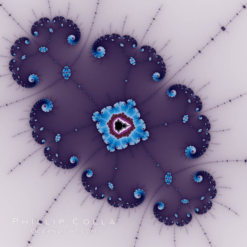 Detail within the Mandelbrot set fractal.  This detail is found by zooming in on the overall Mandelbrot set image, finding edges and buds with interesting features.  Fractals are complex geometric shapes that exhibit repeating patterns typified by <i>self-similarity</i>, or the tendency for the details of a shape to appear similar to the shape itself.  Often these shapes resemble patterns occurring naturally in the physical world, such as spiraling leaves, seemingly random coastlines, erosion and liquid waves.  Fractals are generated through surprisingly simple underlying mathematical expressions, producing subtle and surprising patterns.  The basic iterative expression for the Mandelbrot set is z = z-squared + c, operating in the complex (real, imaginary) number set., Mandelbrot set, natural history stock photograph, photo id 10386