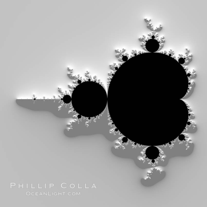 The Mandelbrot Fractal.  Fractals are complex geometric shapes that exhibit repeating patterns typified by <i>self-similarity</i>, or the tendency for the details of a shape to appear similar to the shape itself.  Often these shapes resemble patterns occurring naturally in the physical world, such as spiraling leaves, seemingly random coastlines, erosion and liquid waves.  Fractals are generated through surprisingly simple underlying mathematical expressions, producing subtle and surprising patterns.  The basic iterative expression for the Mandelbrot set is z = z-squared + c, operating in the complex (real, imaginary) number set., Mandelbrot set, natural history stock photograph, photo id 10372