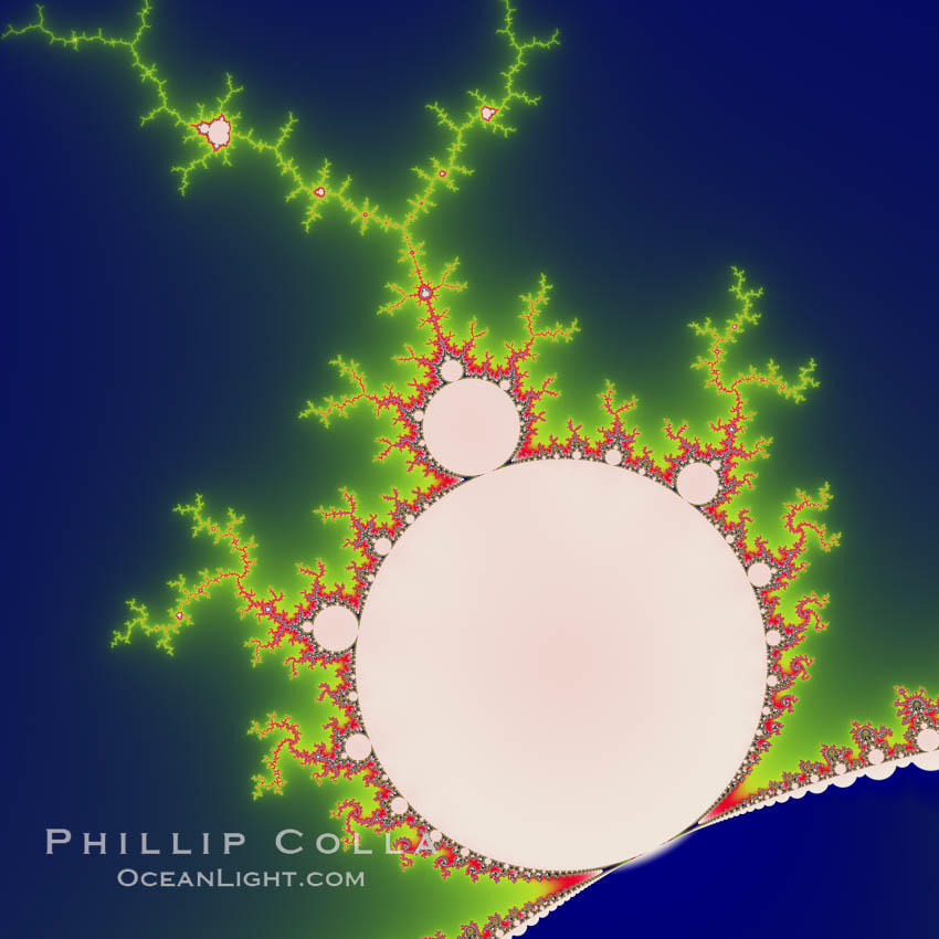 Detail within the Mandelbrot set fractal.  This detail is found by zooming in on the overall Mandelbrot set image, finding edges and buds with interesting features.  Fractals are complex geometric shapes that exhibit repeating patterns typified by <i>self-similarity</i>, or the tendency for the details of a shape to appear similar to the shape itself.  Often these shapes resemble patterns occurring naturally in the physical world, such as spiraling leaves, seemingly random coastlines, erosion and liquid waves.  Fractals are generated through surprisingly simple underlying mathematical expressions, producing subtle and surprising patterns.  The basic iterative expression for the Mandelbrot set is z = z-squared + c, operating in the complex (real, imaginary) number set., Mandelbrot set, natural history stock photograph, photo id 10412