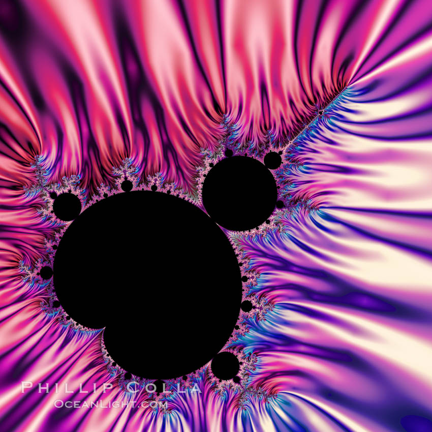 The Mandelbrot Fractal.  Fractals are complex geometric shapes that exhibit repeating patterns typified by <i>self-similarity</i>, or the tendency for the details of a shape to appear similar to the shape itself.  Often these shapes resemble patterns occurring naturally in the physical world, such as spiraling leaves, seemingly random coastlines, erosion and liquid waves.  Fractals are generated through surprisingly simple underlying mathematical expressions, producing subtle and surprising patterns.  The basic iterative expression for the Mandelbrot set is z = z-squared + c, operating in the complex (real, imaginary) number set., Mandelbrot set, natural history stock photograph, photo id 18736