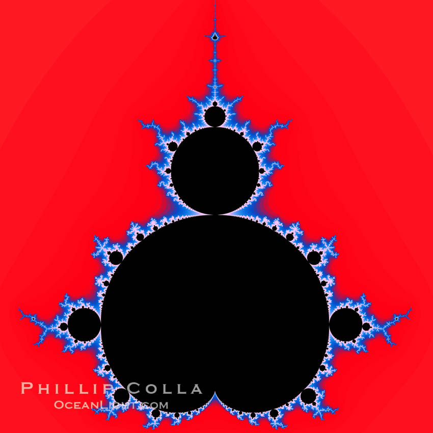 The Mandelbrot Fractal.  Fractals are complex geometric shapes that exhibit repeating patterns typified by <i>self-similarity</i>, or the tendency for the details of a shape to appear similar to the shape itself.  Often these shapes resemble patterns occurring naturally in the physical world, such as spiraling leaves, seemingly random coastlines, erosion and liquid waves.  Fractals are generated through surprisingly simple underlying mathematical expressions, producing subtle and surprising patterns.  The basic iterative expression for the Mandelbrot set is z = z-squared + c, operating in the complex (real, imaginary) number set., Mandelbrot set, natural history stock photograph, photo id 18740