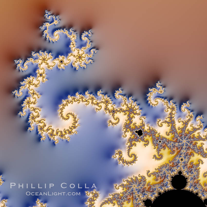 Detail within the Mandelbrot set fractal.  This detail is found by zooming in on the overall Mandelbrot set image, finding edges and buds with interesting features.  Fractals are complex geometric shapes that exhibit repeating patterns typified by <i>self-similarity</i>, or the tendency for the details of a shape to appear similar to the shape itself.  Often these shapes resemble patterns occurring naturally in the physical world, such as spiraling leaves, seemingly random coastlines, erosion and liquid waves.  Fractals are generated through surprisingly simple underlying mathematical expressions, producing subtle and surprising patterns.  The basic iterative expression for the Mandelbrot set is z = z-squared + c, operating in the complex (real, imaginary) number set., Mandelbrot set, natural history stock photograph, photo id 10399