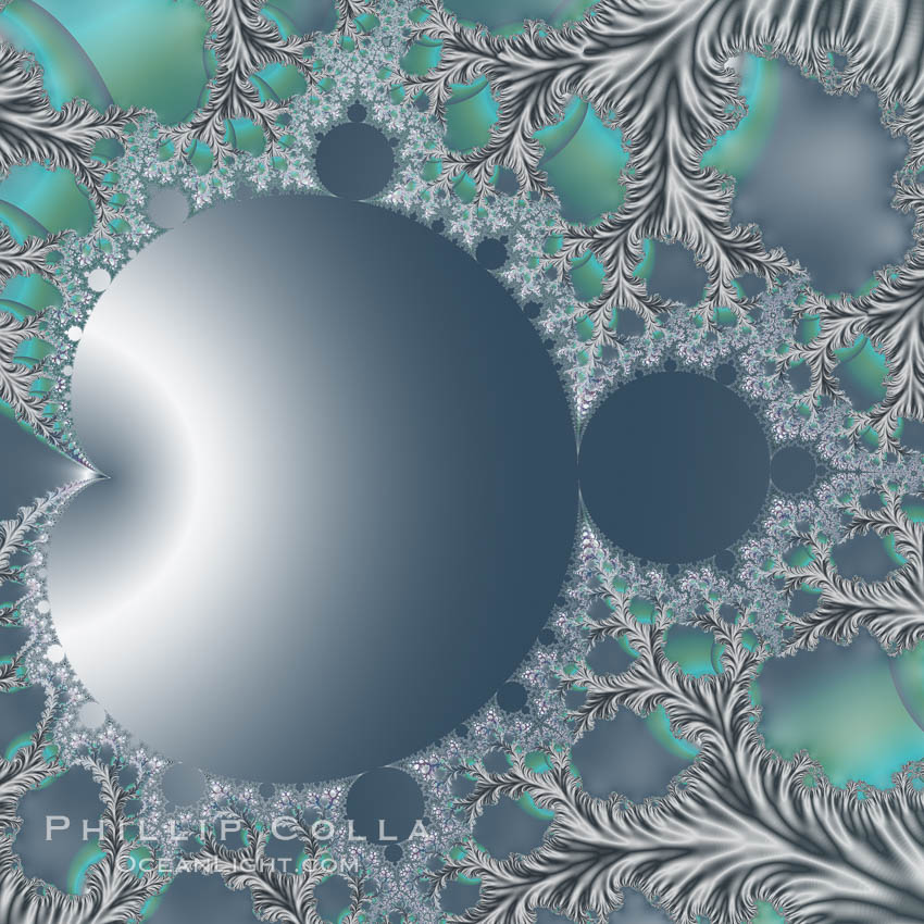 The Mandelbrot Fractal.  Fractals are complex geometric shapes that exhibit repeating patterns typified by <i>self-similarity</i>, or the tendency for the details of a shape to appear similar to the shape itself.  Often these shapes resemble patterns occurring naturally in the physical world, such as spiraling leaves, seemingly random coastlines, erosion and liquid waves.  Fractals are generated through surprisingly simple underlying mathematical expressions, producing subtle and surprising patterns.  The basic iterative expression for the Mandelbrot set is z = z-squared + c, operating in the complex (real, imaginary) number set., Mandelbrot set, natural history stock photograph, photo id 18727