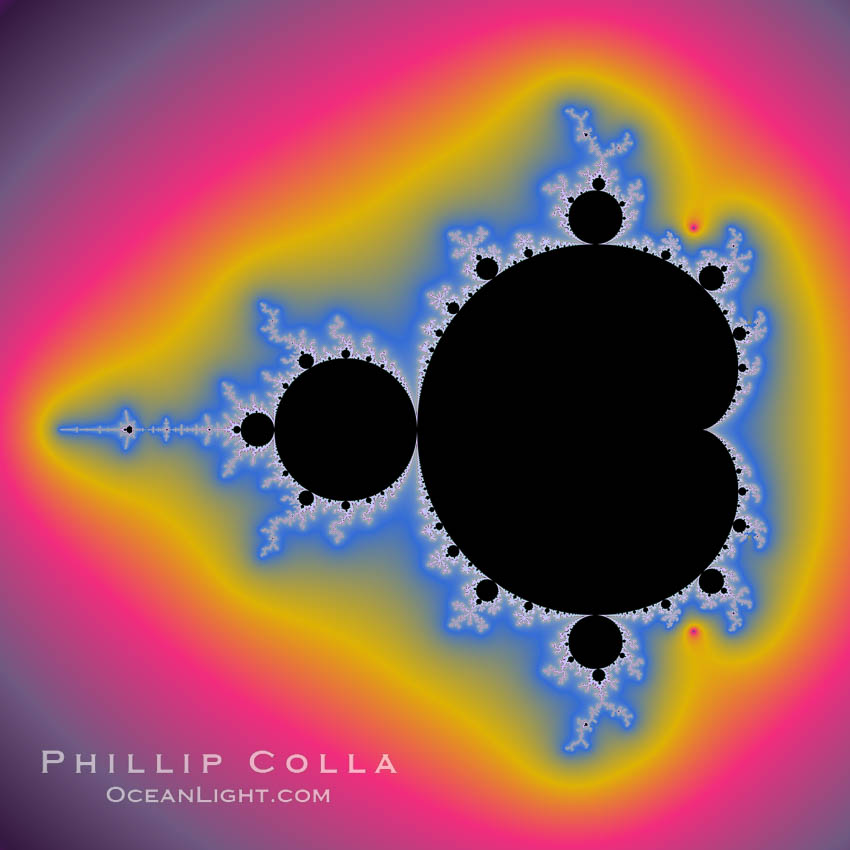 The Mandelbrot Fractal.  Fractals are complex geometric shapes that exhibit repeating patterns typified by <i>self-similarity</i>, or the tendency for the details of a shape to appear similar to the shape itself.  Often these shapes resemble patterns occurring naturally in the physical world, such as spiraling leaves, seemingly random coastlines, erosion and liquid waves.  Fractals are generated through surprisingly simple underlying mathematical expressions, producing subtle and surprising patterns.  The basic iterative expression for the Mandelbrot set is z = z-squared + c, operating in the complex (real, imaginary) number set., Mandelbrot set, natural history stock photograph, photo id 18731