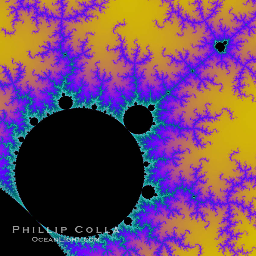 The Mandelbrot Fractal.  Fractals are complex geometric shapes that exhibit repeating patterns typified by <i>self-similarity</i>, or the tendency for the details of a shape to appear similar to the shape itself.  Often these shapes resemble patterns occurring naturally in the physical world, such as spiraling leaves, seemingly random coastlines, erosion and liquid waves.  Fractals are generated through surprisingly simple underlying mathematical expressions, producing subtle and surprising patterns.  The basic iterative expression for the Mandelbrot set is z = z-squared + c, operating in the complex (real, imaginary) number set., Mandelbrot set, natural history stock photograph, photo id 18739