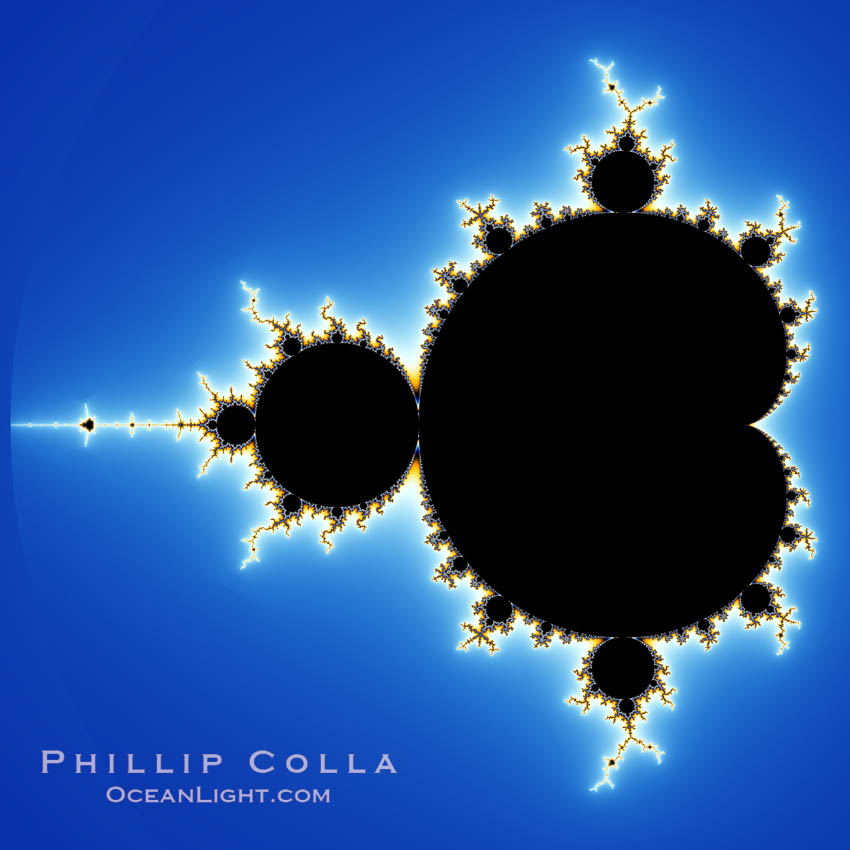 The Mandelbrot Fractal.  Fractals are complex geometric shapes that exhibit repeating patterns typified by <i>self-similarity</i>, or the tendency for the details of a shape to appear similar to the shape itself.  Often these shapes resemble patterns occurring naturally in the physical world, such as spiraling leaves, seemingly random coastlines, erosion and liquid waves.  Fractals are generated through surprisingly simple underlying mathematical expressions, producing subtle and surprising patterns.  The basic iterative expression for the Mandelbrot set is z = z-squared + c, operating in the complex (real, imaginary) number set., Mandelbrot set, natural history stock photograph, photo id 10369