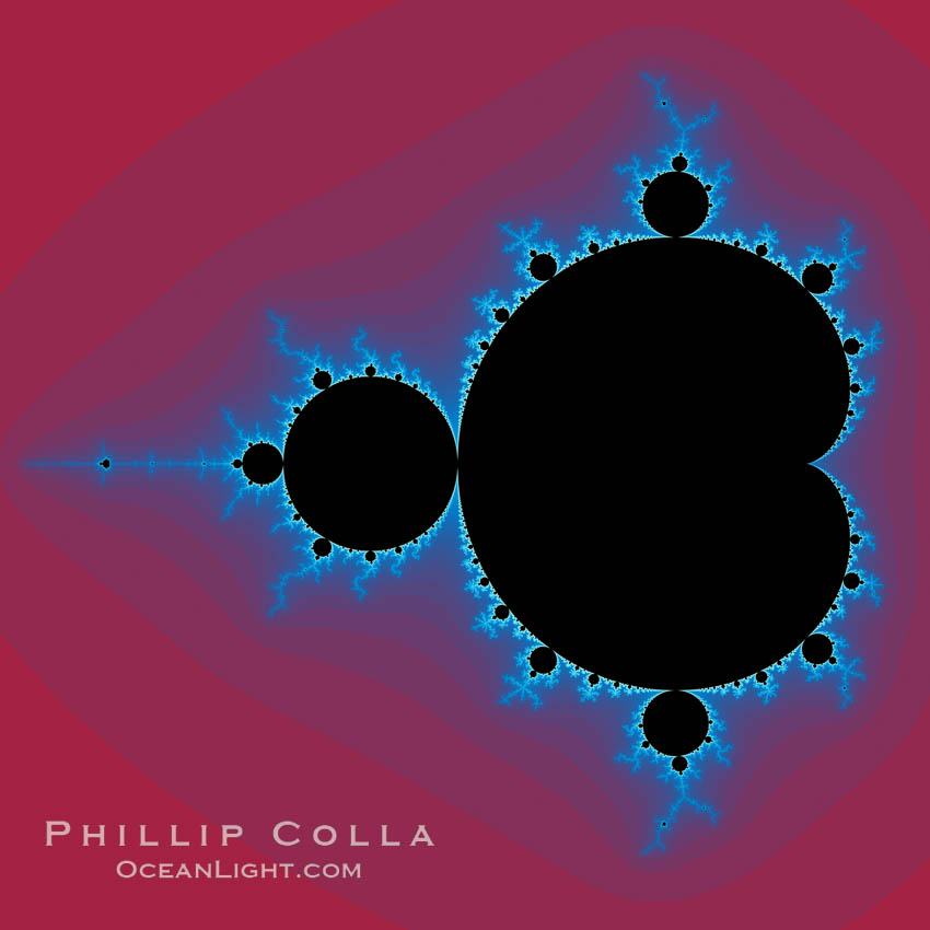 The Mandelbrot Fractal.  Fractals are complex geometric shapes that exhibit repeating patterns typified by <i>self-similarity</i>, or the tendency for the details of a shape to appear similar to the shape itself.  Often these shapes resemble patterns occurring naturally in the physical world, such as spiraling leaves, seemingly random coastlines, erosion and liquid waves.  Fractals are generated through surprisingly simple underlying mathematical expressions, producing subtle and surprising patterns.  The basic iterative expression for the Mandelbrot set is z = z-squared + c, operating in the complex (real, imaginary) number set., Mandelbrot set, natural history stock photograph, photo id 10373