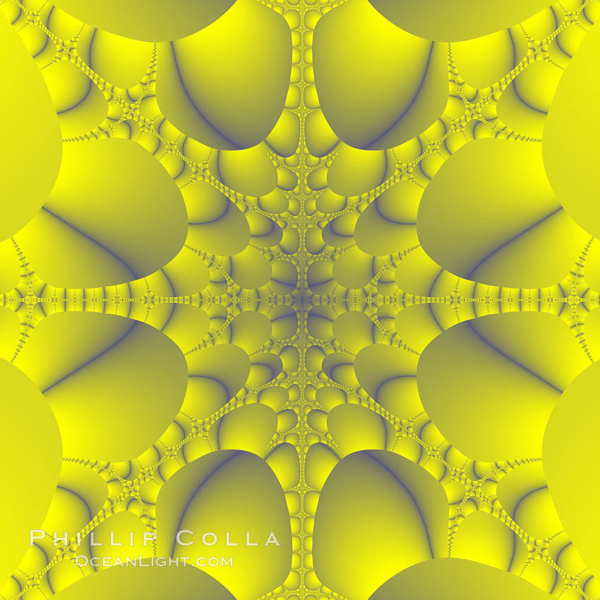 Detail within the Mandelbrot set fractal.  This detail is found by zooming in on the overall Mandelbrot set image, finding edges and buds with interesting features.  Fractals are complex geometric shapes that exhibit repeating patterns typified by <i>self-similarity</i>, or the tendency for the details of a shape to appear similar to the shape itself.  Often these shapes resemble patterns occurring naturally in the physical world, such as spiraling leaves, seemingly random coastlines, erosion and liquid waves.  Fractals are generated through surprisingly simple underlying mathematical expressions, producing subtle and surprising patterns.  The basic iterative expression for the Mandelbrot set is z = z-squared + c, operating in the complex (real, imaginary) number set., Mandelbrot set, natural history stock photograph, photo id 10421