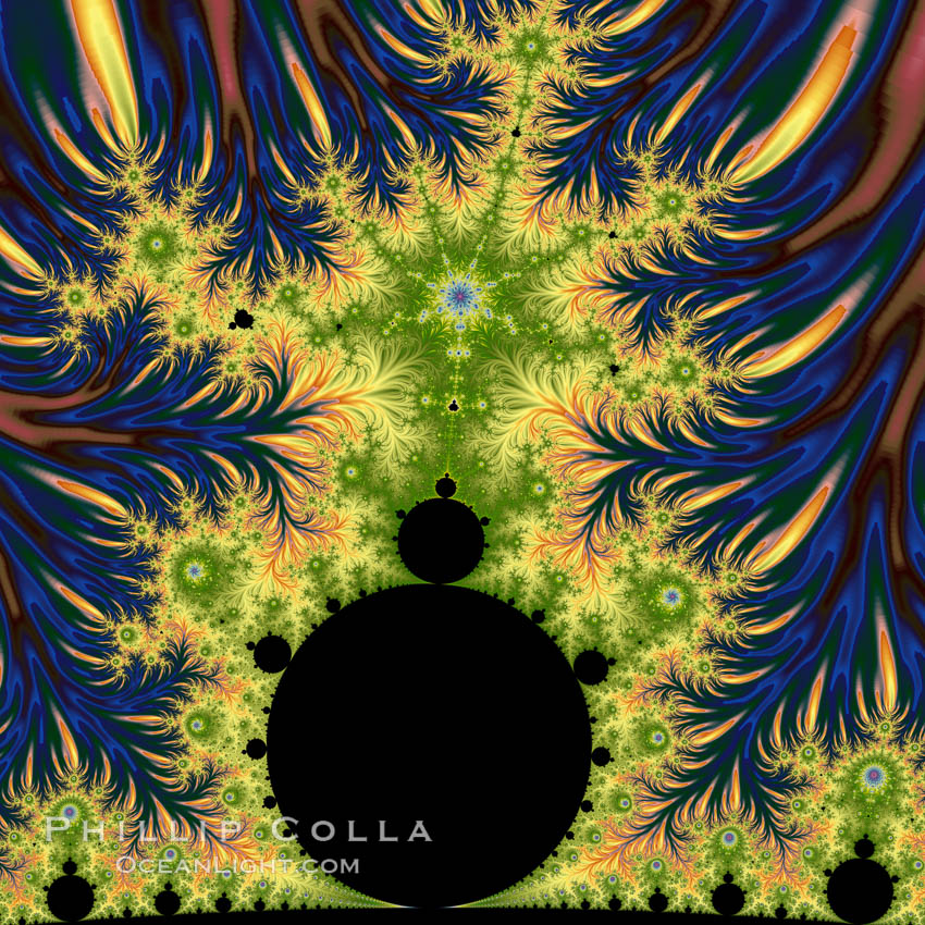 The Mandelbrot Fractal.  Fractals are complex geometric shapes that exhibit repeating patterns typified by <i>self-similarity</i>, or the tendency for the details of a shape to appear similar to the shape itself.  Often these shapes resemble patterns occurring naturally in the physical world, such as spiraling leaves, seemingly random coastlines, erosion and liquid waves.  Fractals are generated through surprisingly simple underlying mathematical expressions, producing subtle and surprising patterns.  The basic iterative expression for the Mandelbrot set is z = z-squared + c, operating in the complex (real, imaginary) number set., Mandelbrot set, natural history stock photograph, photo id 18729