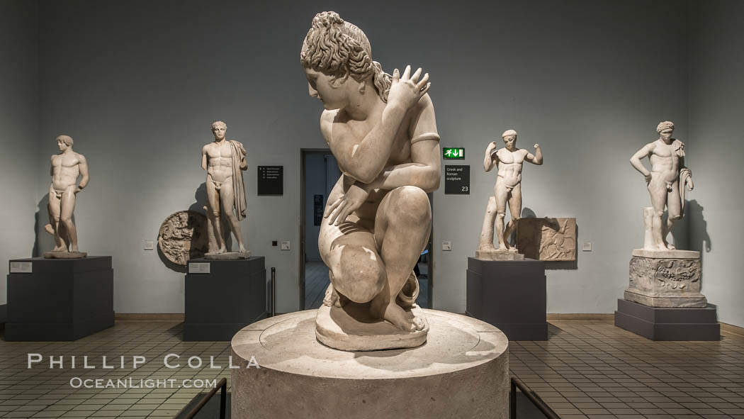 Marble statue of a naked Aphrodite crouching at her bath, Roman, 2nd century AD. British Museum, London, United Kingdom, natural history stock photograph, photo id 28310