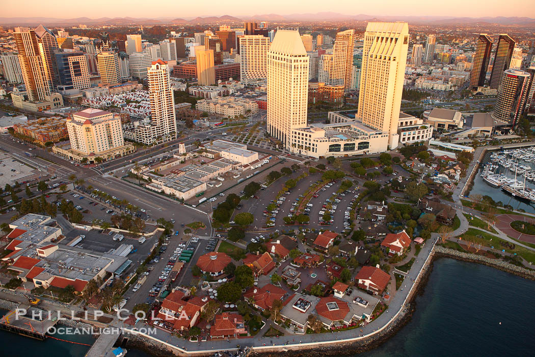 Marina District of San Diego, with Seaport Village (lower) and Grand Hyatt hotel towers (top), along San Diego Bay., natural history stock photograph, photo id 22340