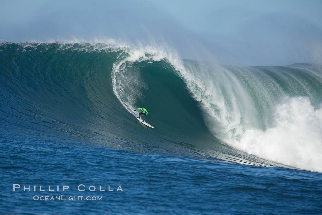 Greg Long of San Clemente surfs a heat one wave at the 2006 Mavericks surf contest, February 7, 2006. Half Moon Bay, California, USA, natural history stock photograph, photo id 15329