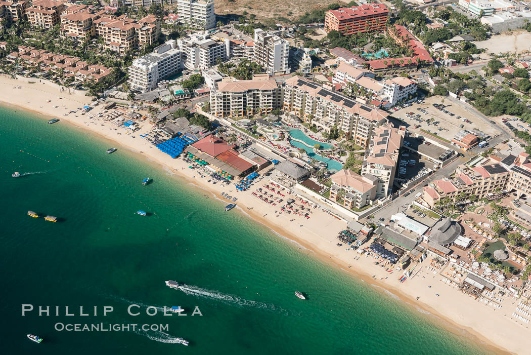 Aerial view of Medano Beach in Cabo San Lucas, showing many resorts along the long white sand beach. Baja California, Mexico, natural history stock photograph, photo id 28882