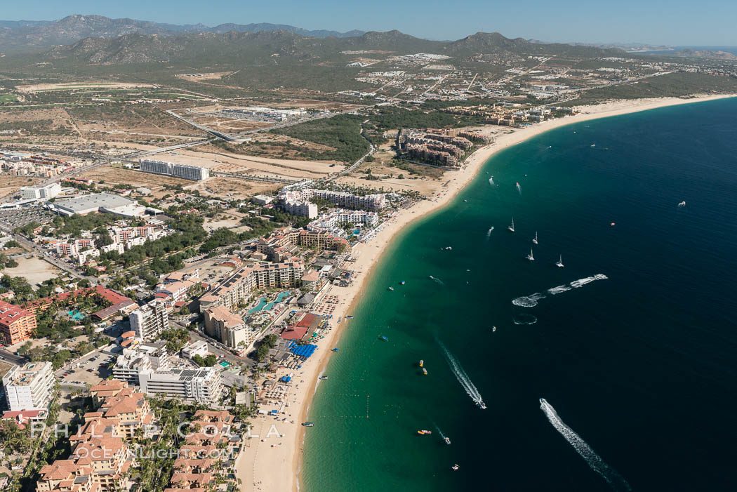 Aerial view of Medano Beach in Cabo San Lucas, showing many resorts along the long white sand beach. Baja California, Mexico, natural history stock photograph, photo id 28883