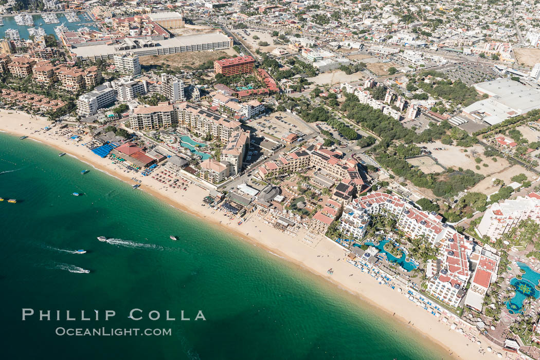 Aerial view of Medano Beach in Cabo San Lucas, showing many resorts along the long white sand beach. Baja California, Mexico, natural history stock photograph, photo id 28881