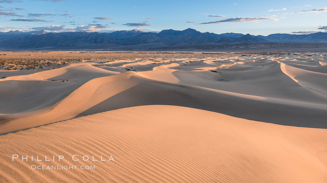 Mesquite Dunes at sunrise, dawn, clouds and morning sky, sand dunes. Death Valley National Park, California, USA, natural history stock photograph, photo id 30482